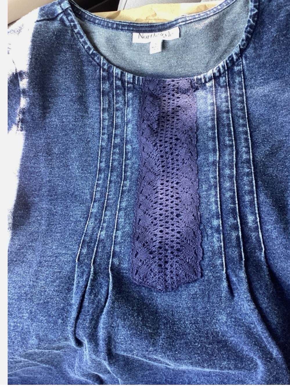 NwoT S Dark Wash Blue Denim Tucked Lace Bib Tee Top Pull On Half Sleeves Stretch